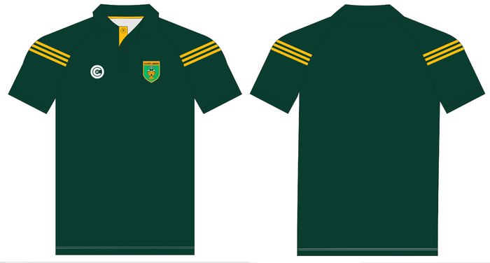 Green and gold GAA polo, front and back