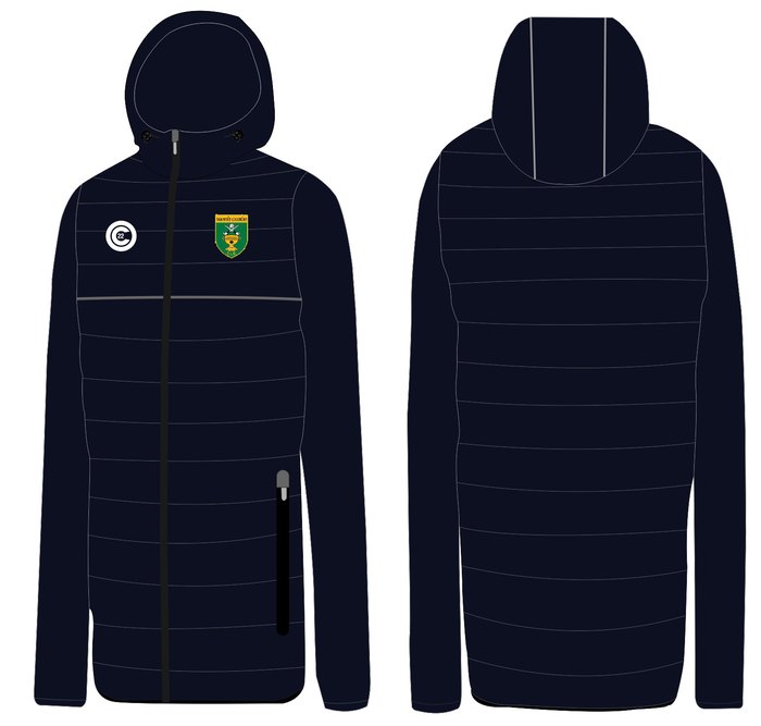 Navy padded jacket, front and back