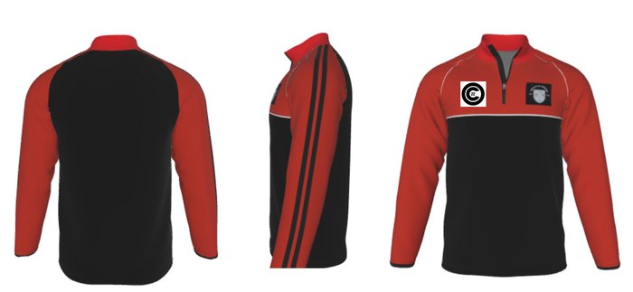 Black and red quarter zip, three views