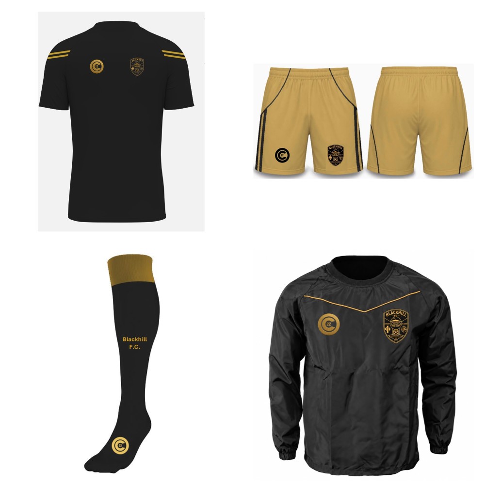 Blackhill FC goalkeeper academy pack: training t-shirt, goalkeeper shorts, goalkeeper socks and windcheater