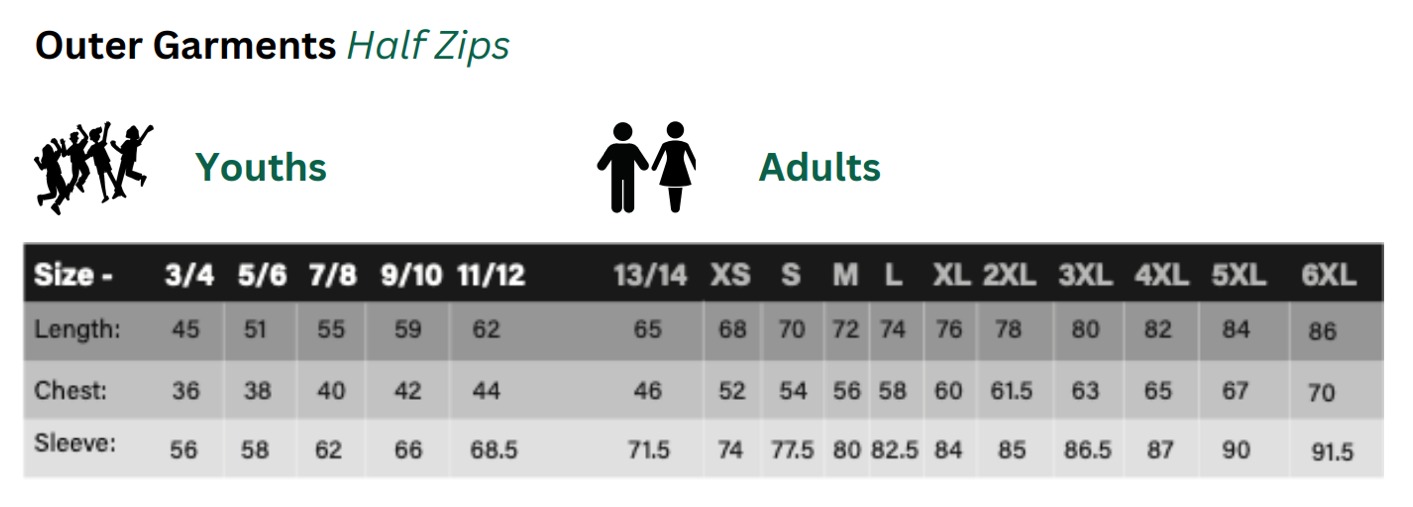 Blackhill FC size guide quarter-zip